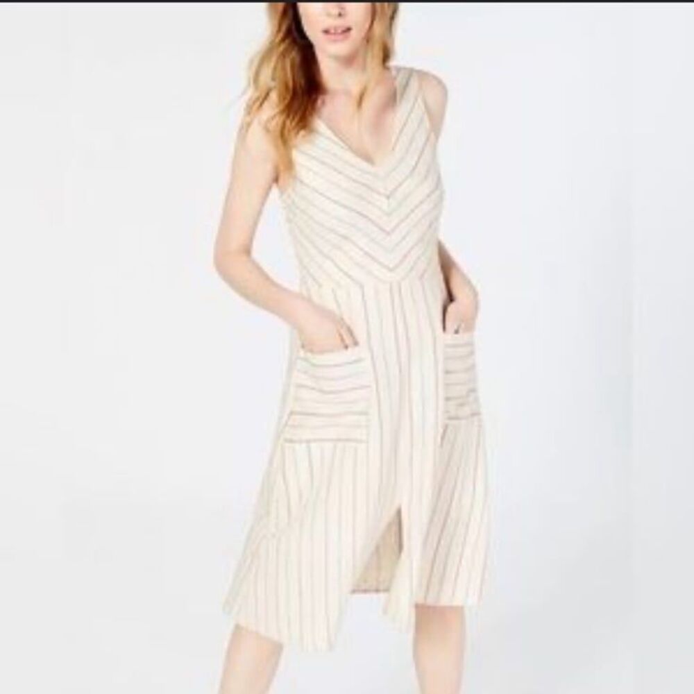 Dress Linene Rayon beige with burgundy and gray stripes with pockets